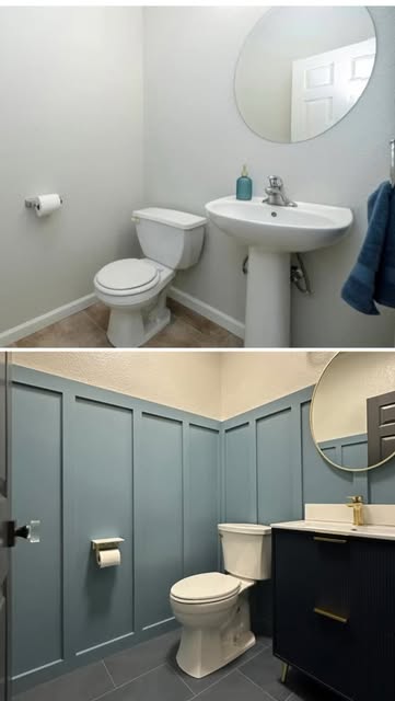 Before and after a powder room remodel with blue wall paneling and a new vanity