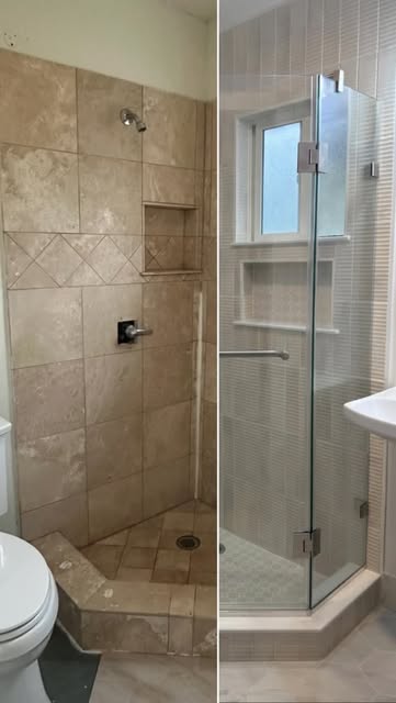 Side-by-side views of an older tiled shower and a remodeled glass shower